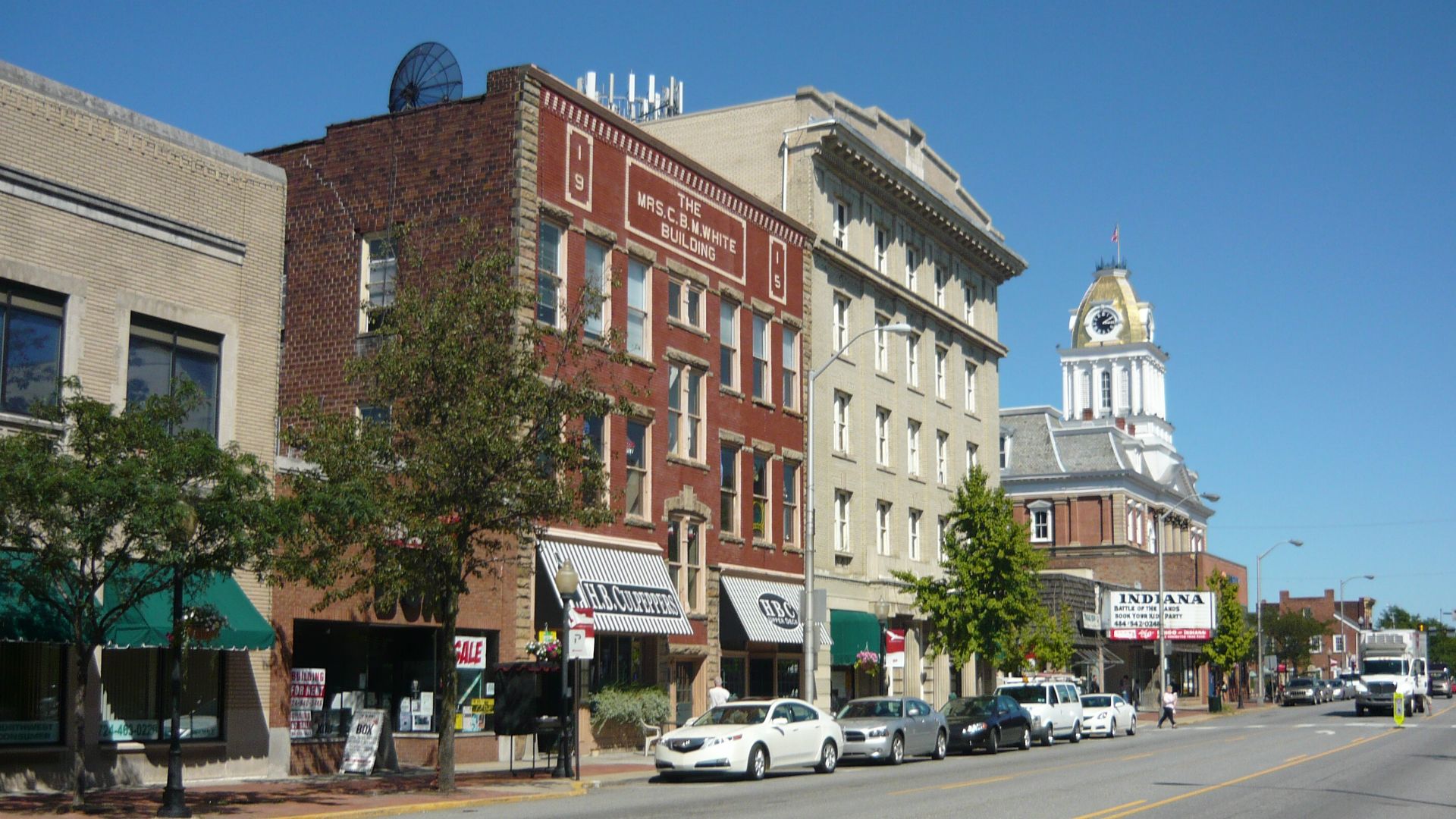 Business district of (Borough of) Indiana, Pennsylvania. Looking eastward on Philadelphia Street.