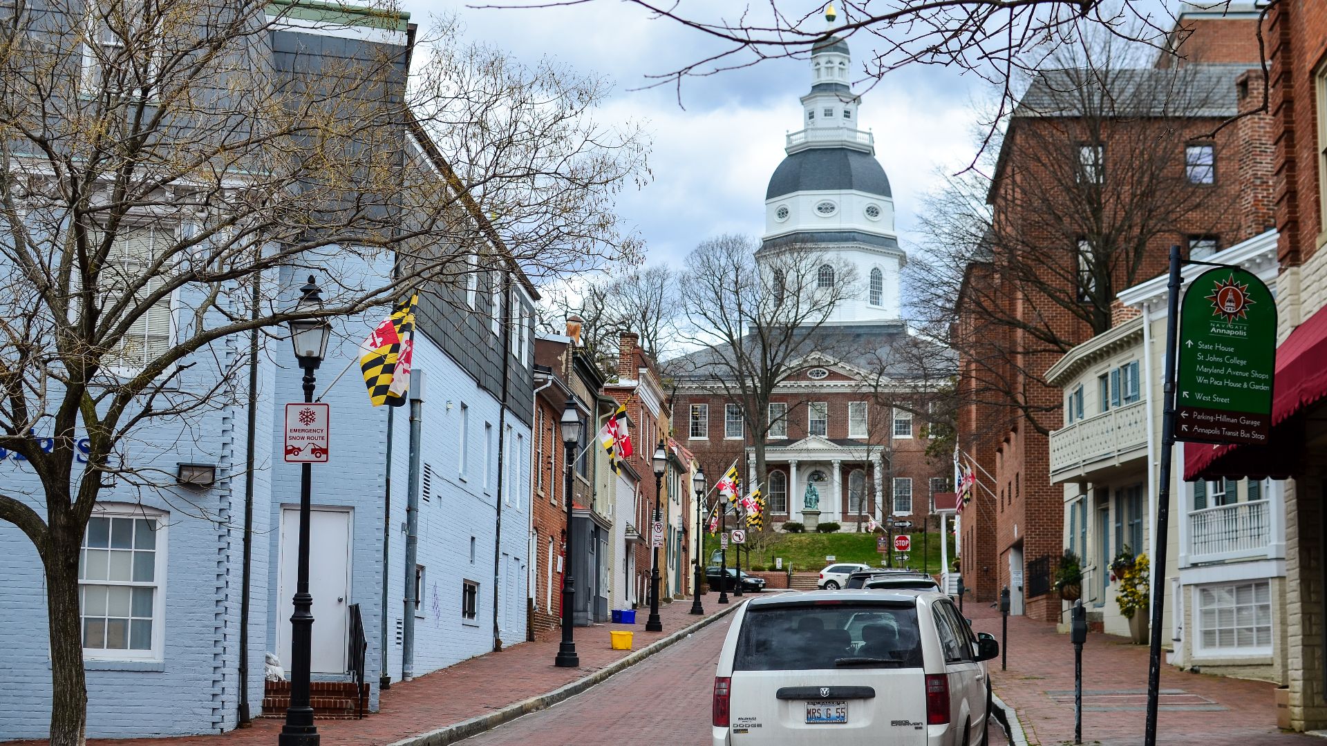 Looking up Francis Street, Annapolis, MD to the Maryland State House