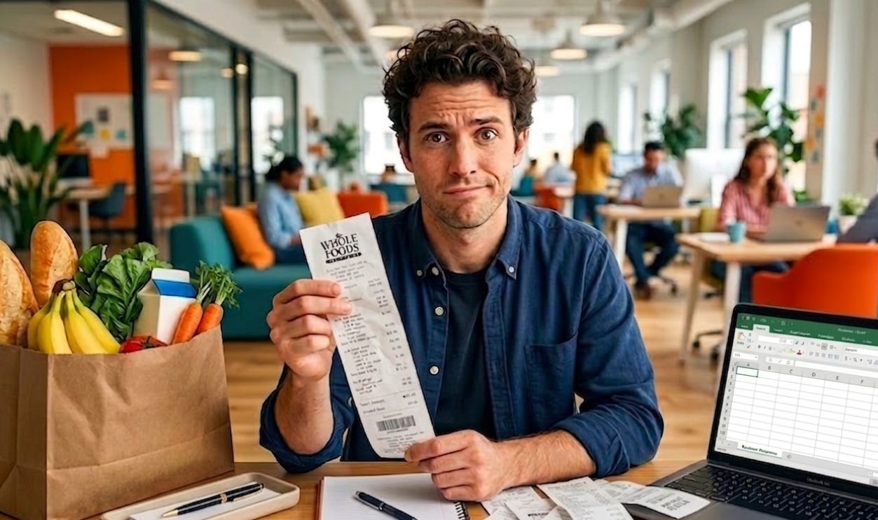 man in disbelief holding a grocery receipt