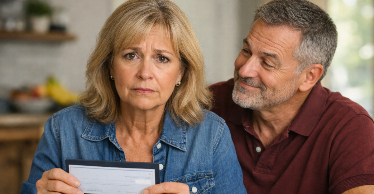 woman holding check, husband next to her