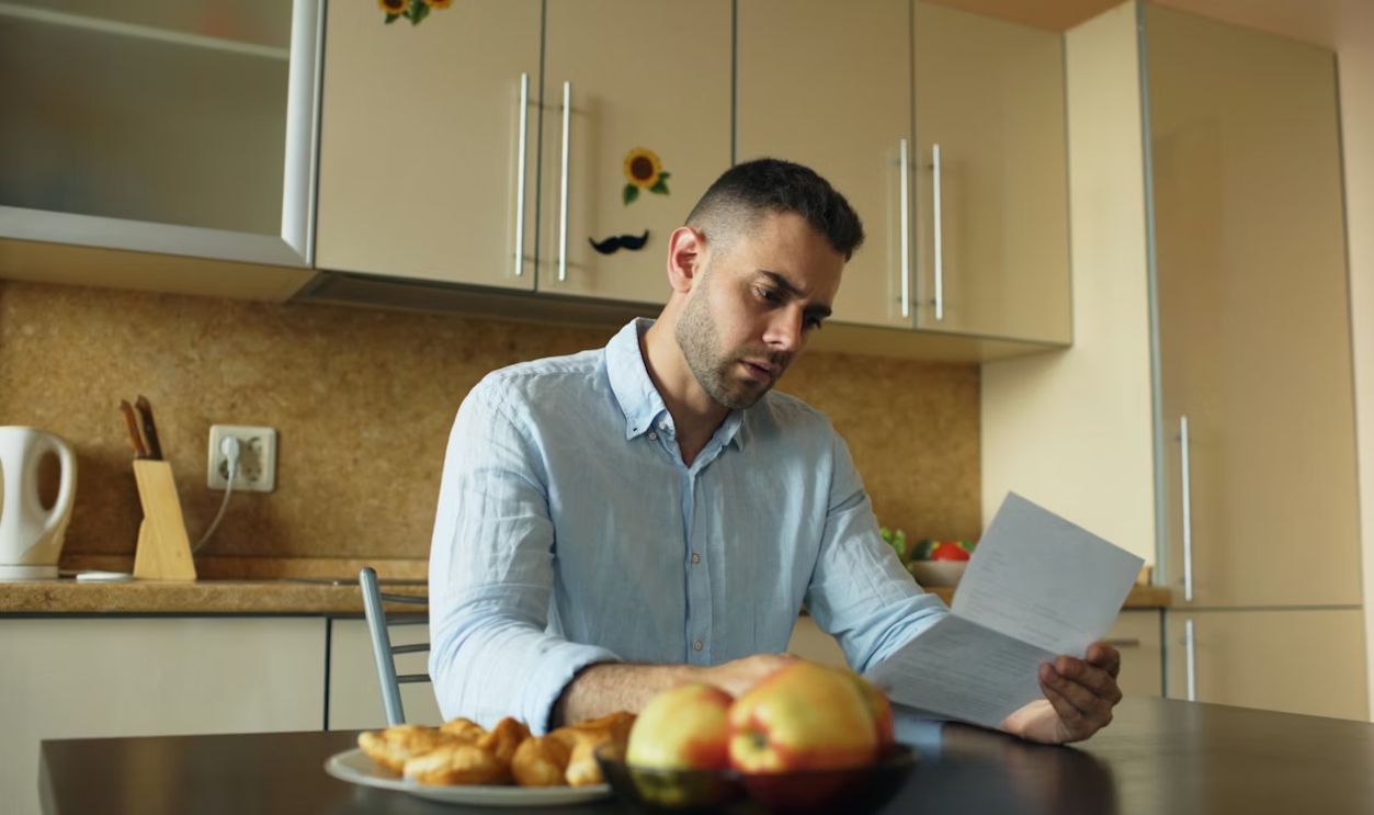 Upset young man reading letter with unpaid bill in the kitchen at home eraly morning