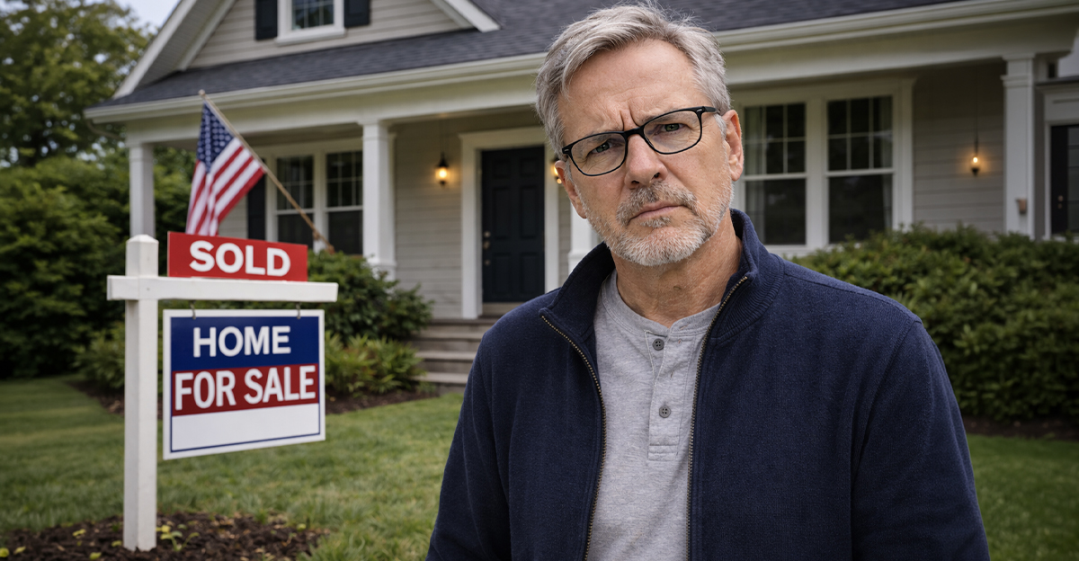 An older man standing in front of a newly sold house.