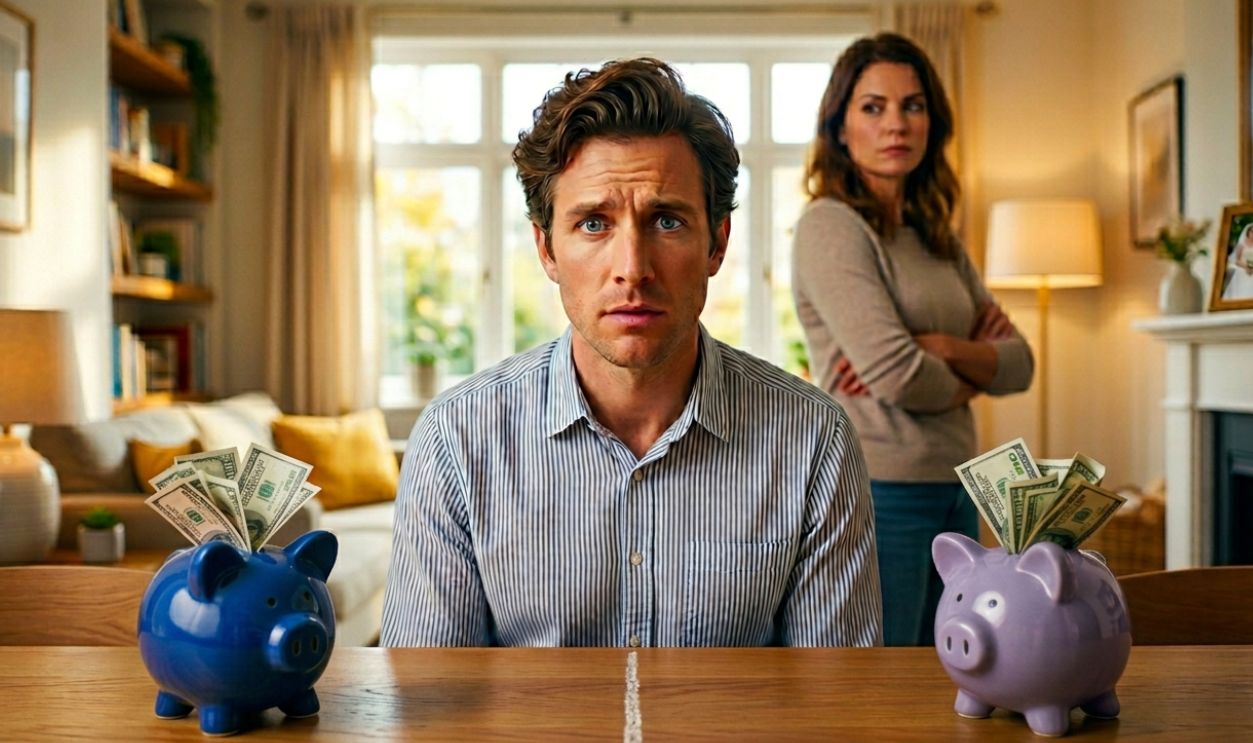 concerned man sitting at a desk while his defensive partner watches him 