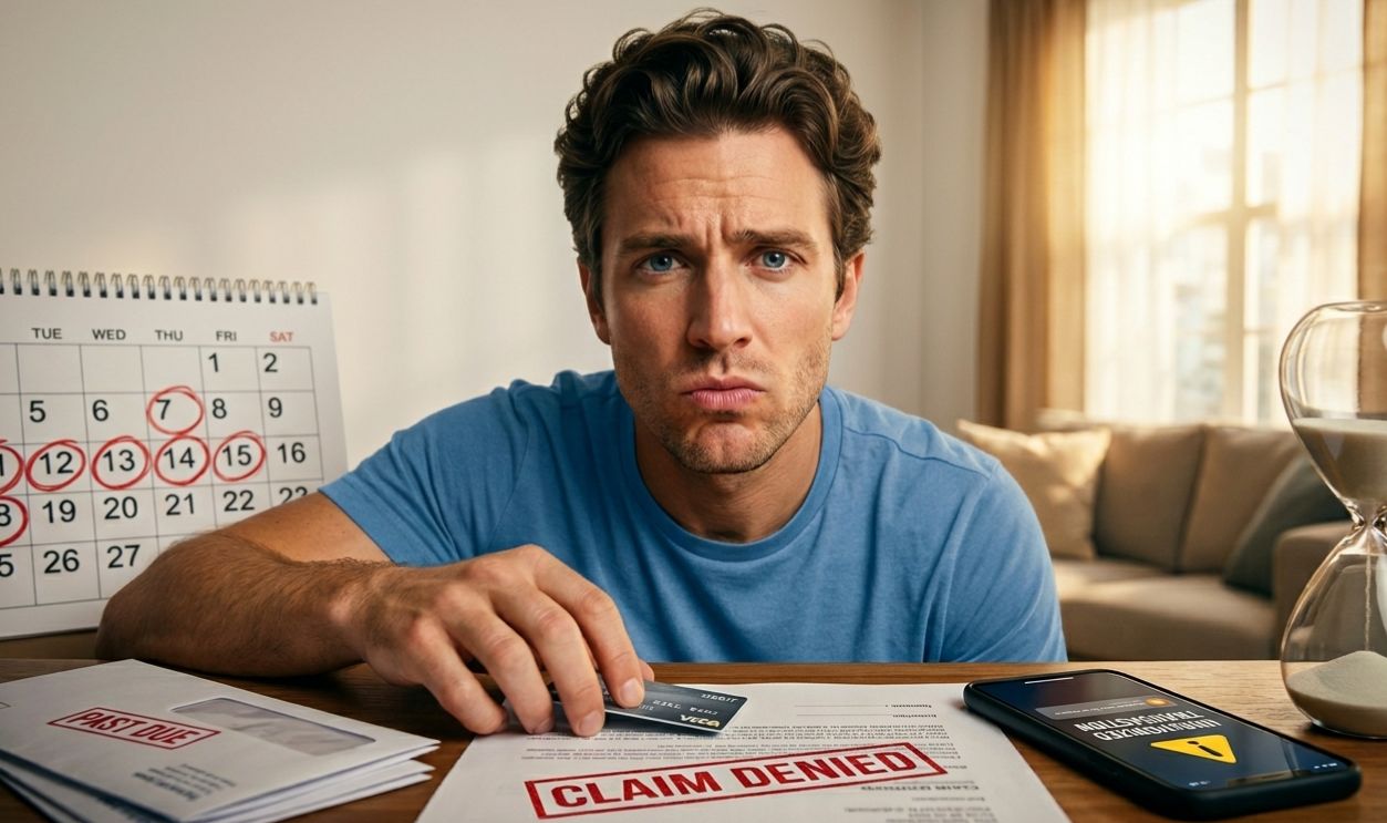 frustrated man in disbelief sitting with credit/debit card and documents 