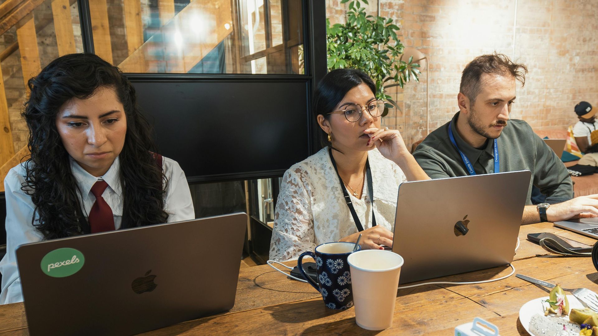 Group of adults engaged in work on laptops in a modern, cozy workspace.