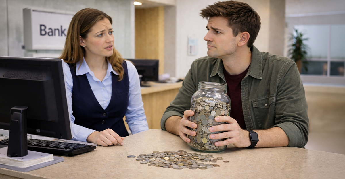 Bank teller and customer with jar of coins