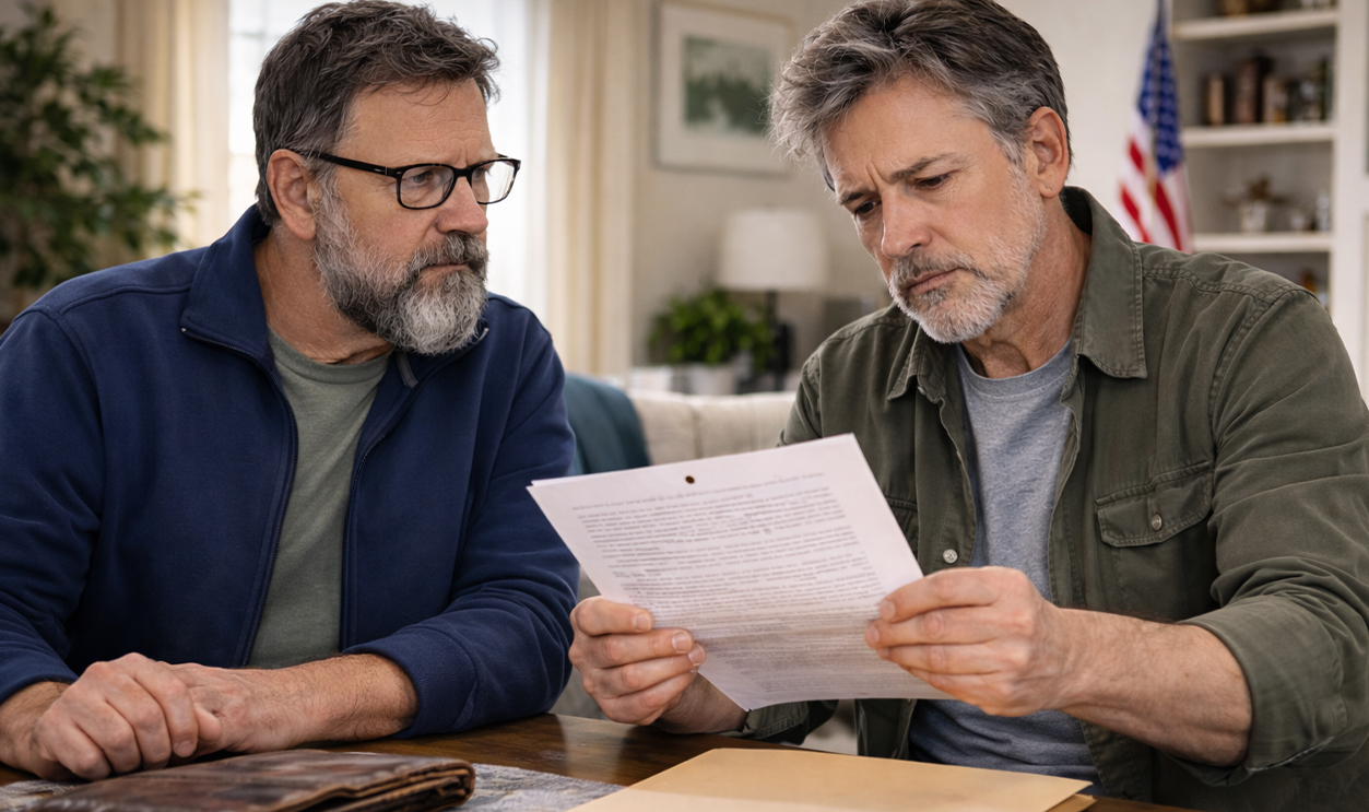 Two men looking over a will.