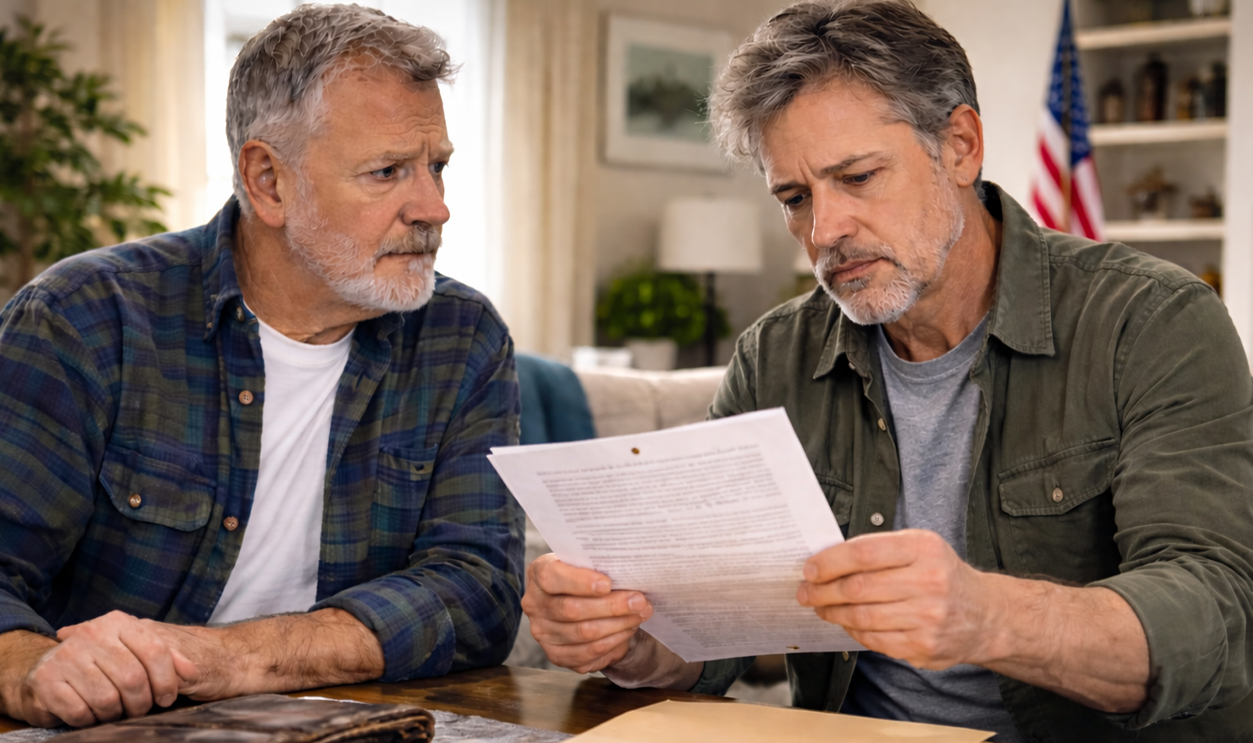 Two men looking over a will.