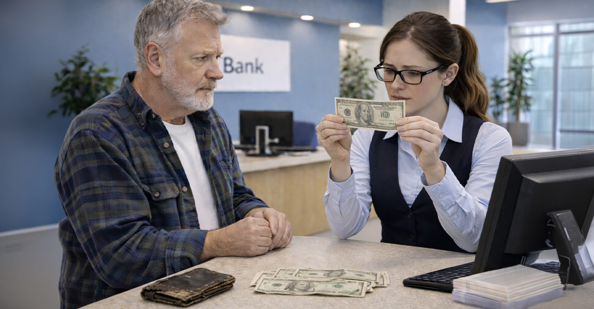 Bank teller looking at bills