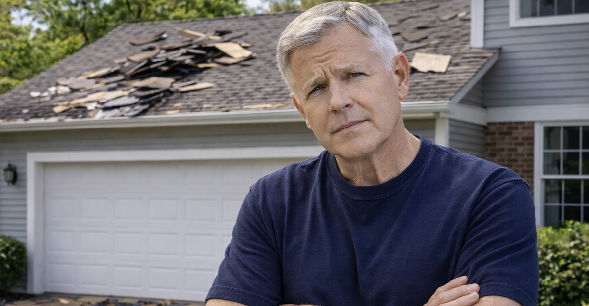 AI-generated image of a man concerned about his roof damage and insurance..