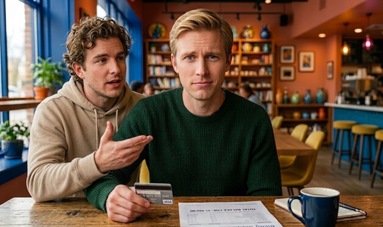 curious and skeptical man holding a credit card