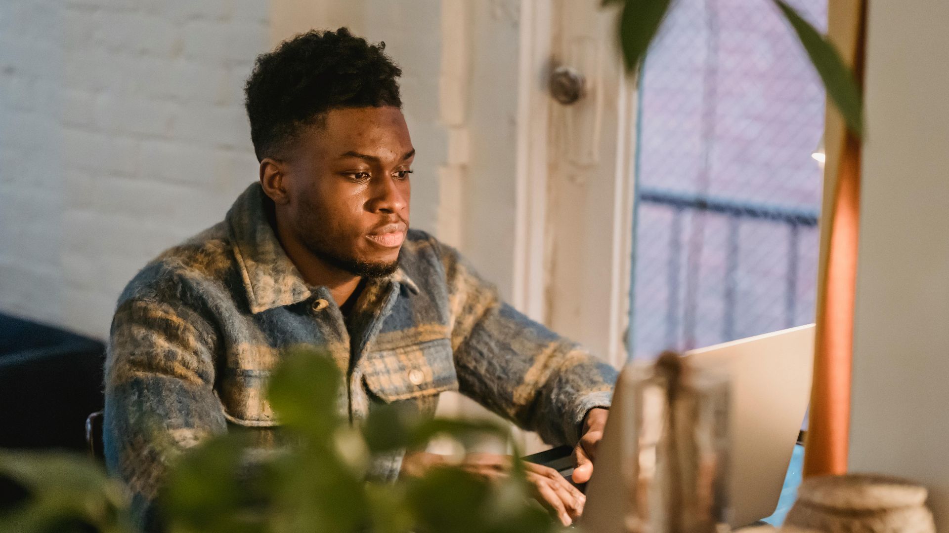 Serious African American male freelancer sitting at table with computer and looking at screen while working in cozy room with green plants