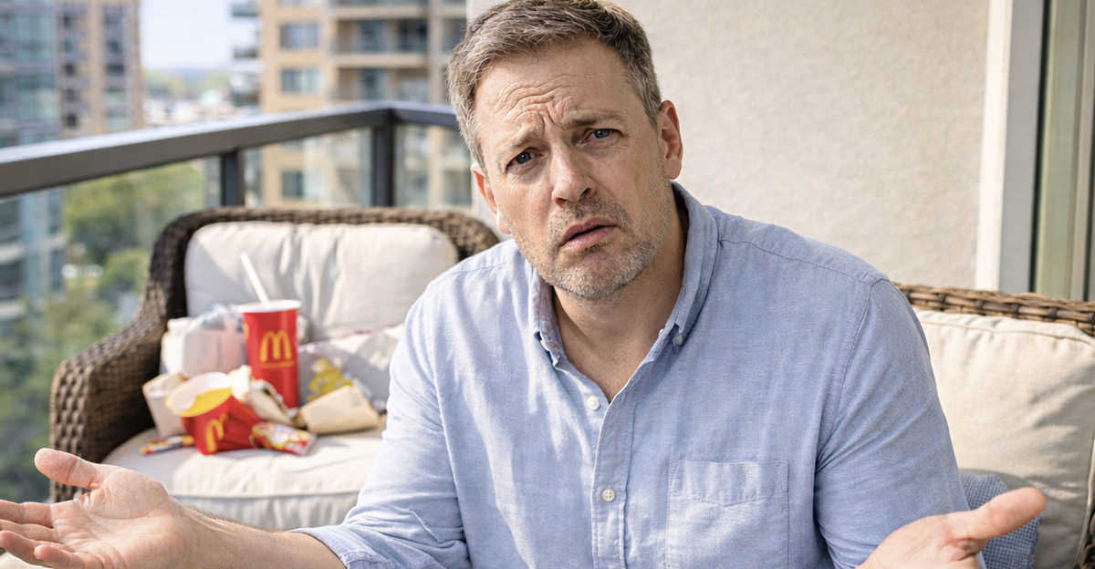 AI-generated image of a man concerned about his upstairs neighbor dumping junk onto balcony.