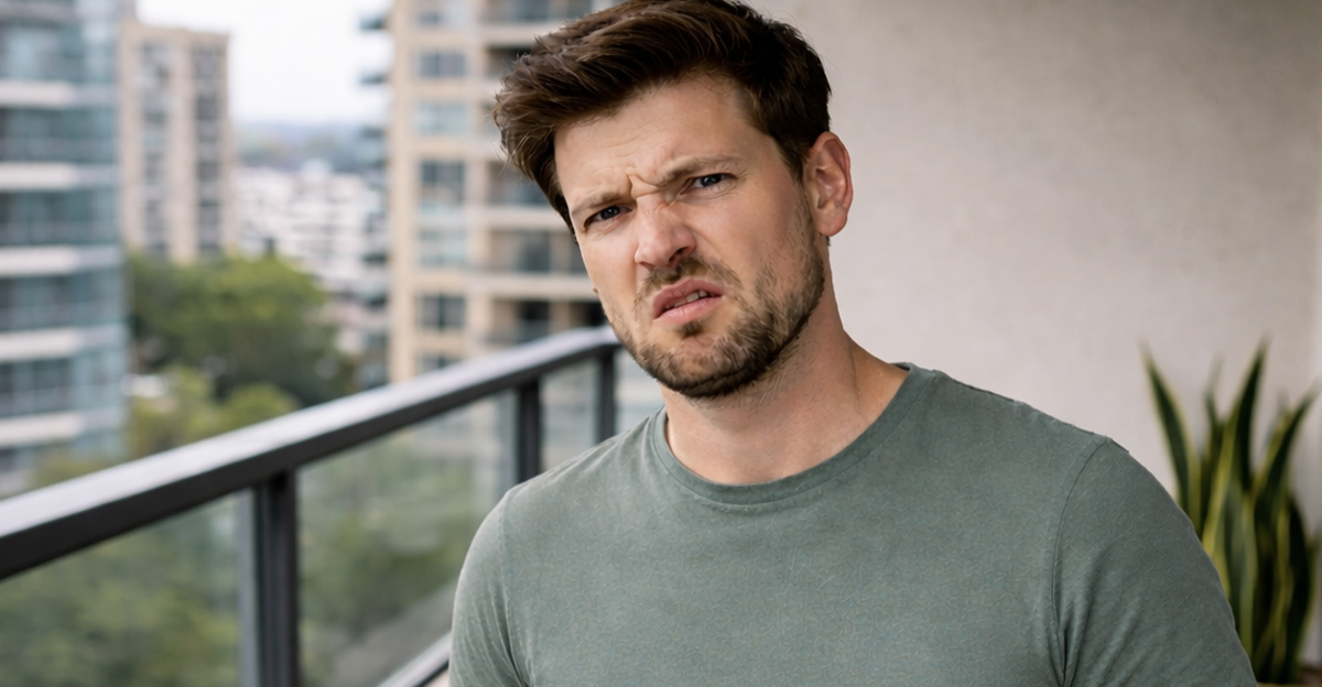 AI-generated image of a man concerned about his upstairs neighbor accumulating trash on their balcony.