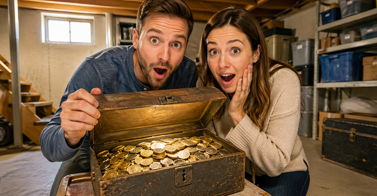 Man and Woman and box of valuable coins