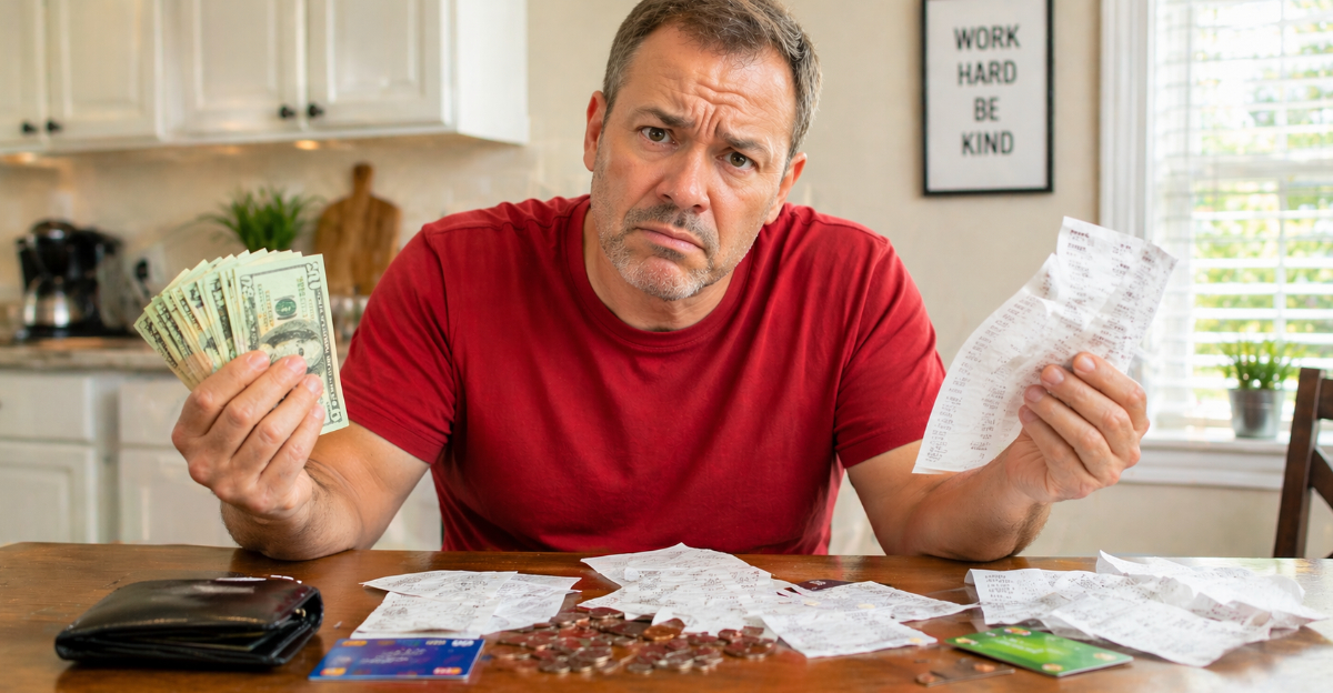 angry man holding money and receipts