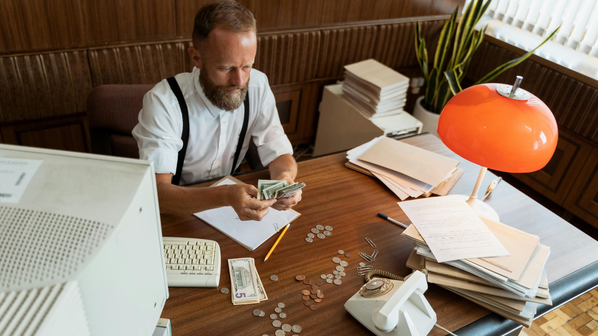 Man with beard in vintage office counting cash and coins at desk with retro computer and phone.