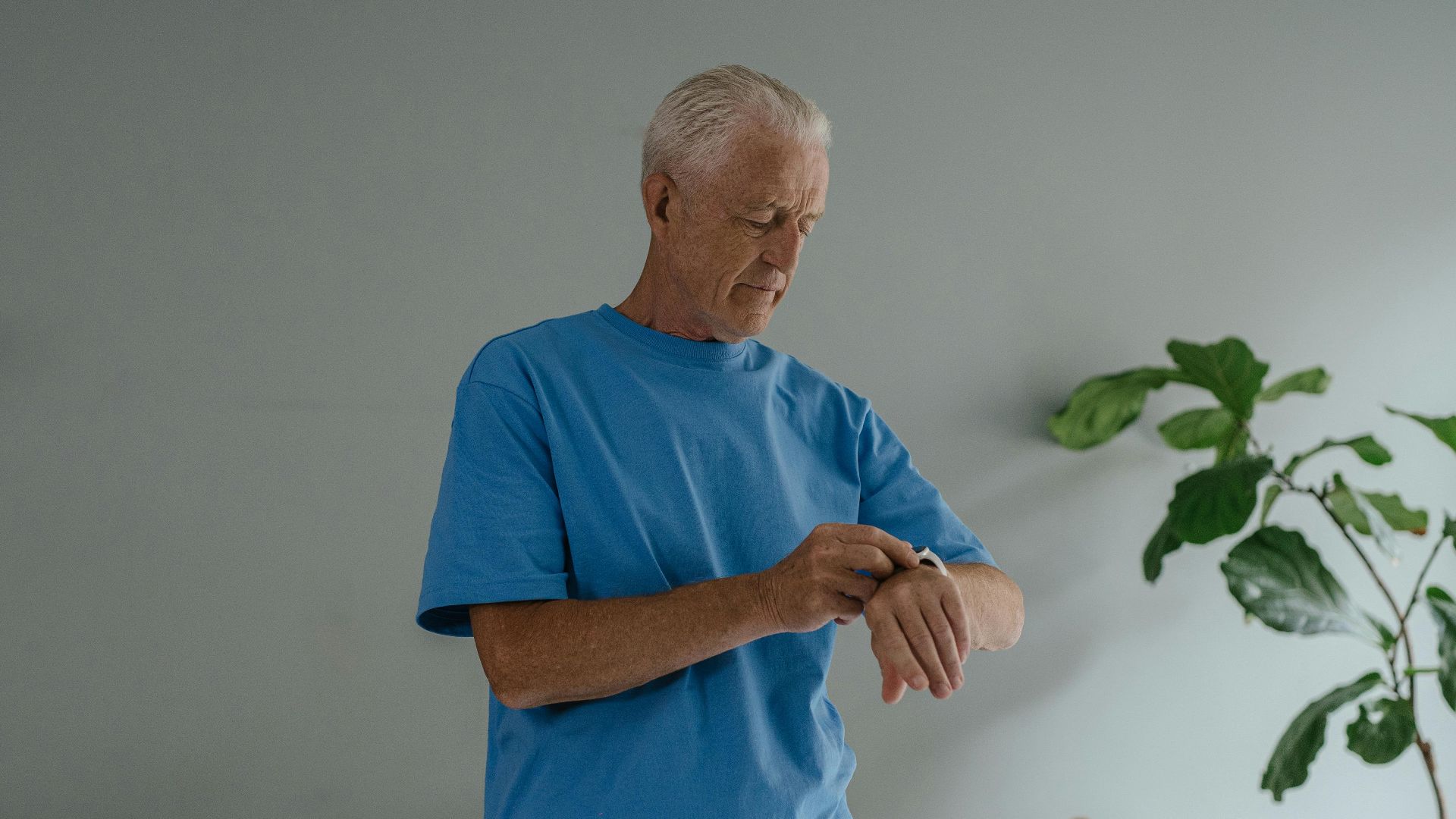 Elderly man in a blue shirt checking his wristwatch indoors by a plant.