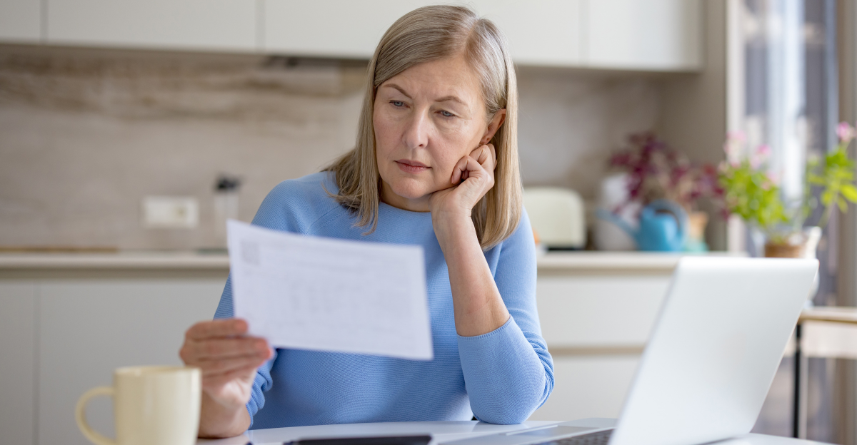 Mature woman analyzing financial documents and bills