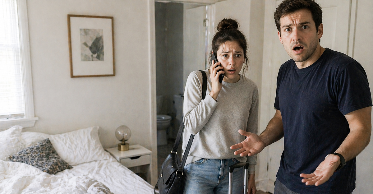 Unsatisfied couple at a dirty room booking. Woman on the phone, while the man has his hands out.