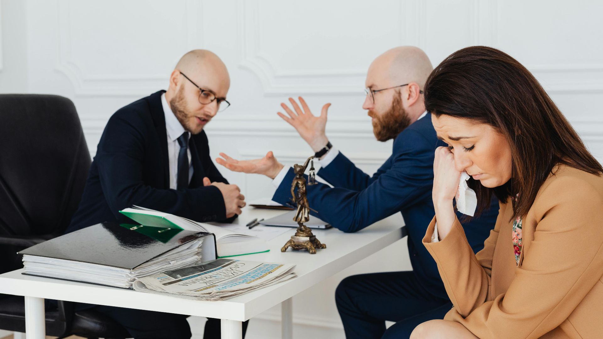 A woman appears distressed while two lawyers converse in an office.