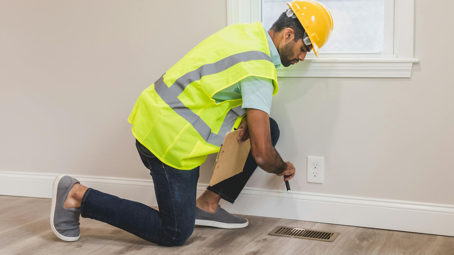 Construction worker conducting a home inspection indoors, using tools near a vent.
