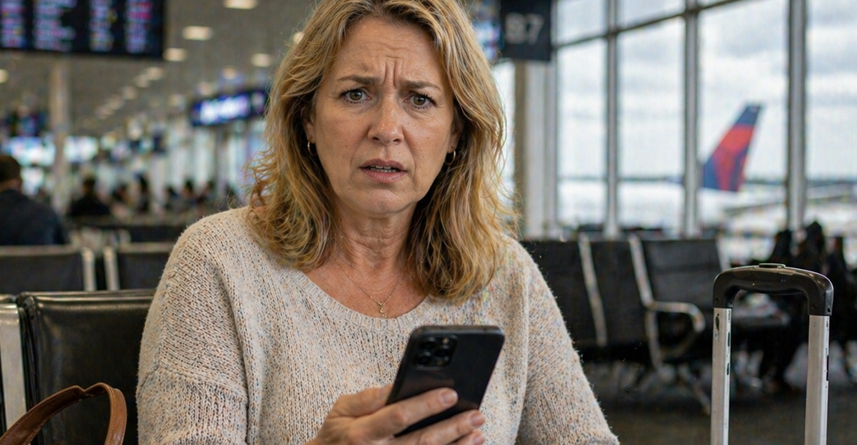 Confused woman in an airport looking at her phone.