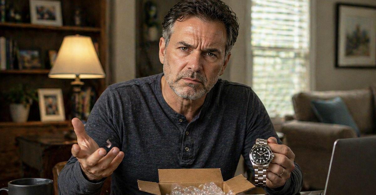 AI-generated image of a man worried about being scammed selling antiques online.