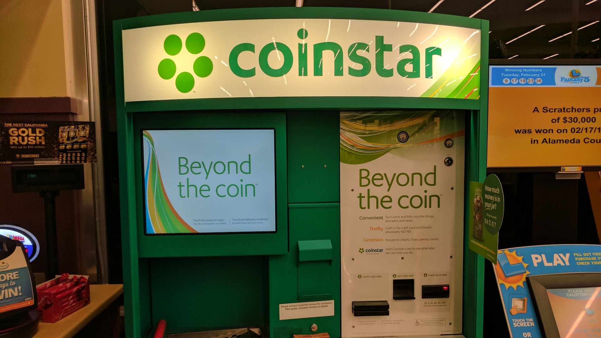 a coin-sorting machine exchanging loose change for scrips or gift vouchers, in the United States of America. See also a video of the machine in action.