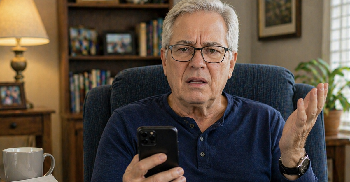 Confused older man with glasses using a smartphone.