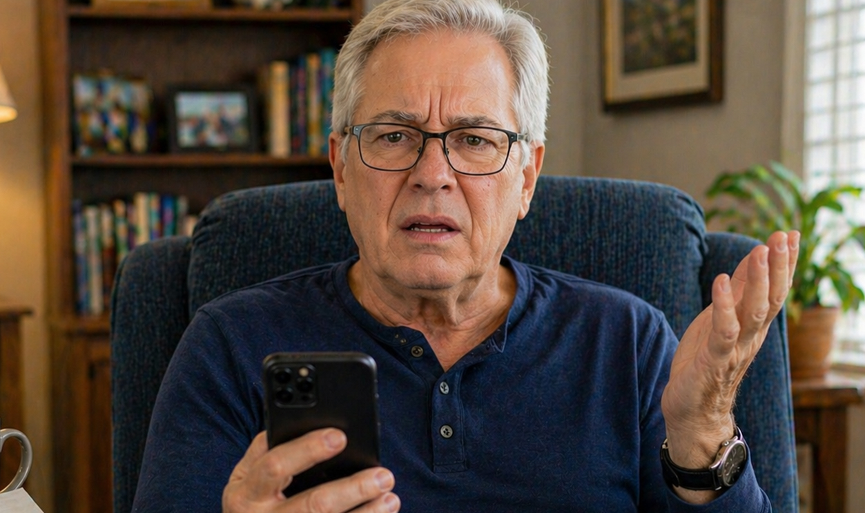 Confused older man with glasses using a smartphone.