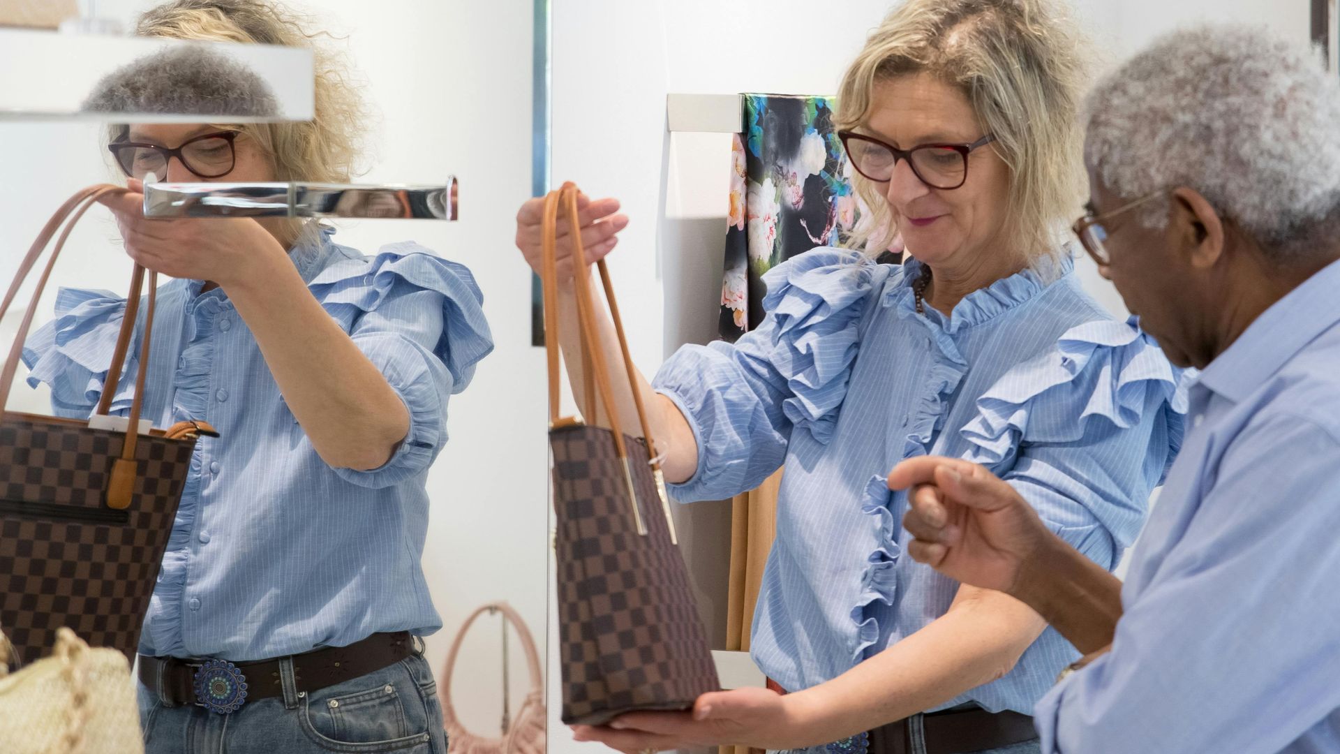 Elderly couple shopping for bags in a Portugal boutique, enjoying a day out.