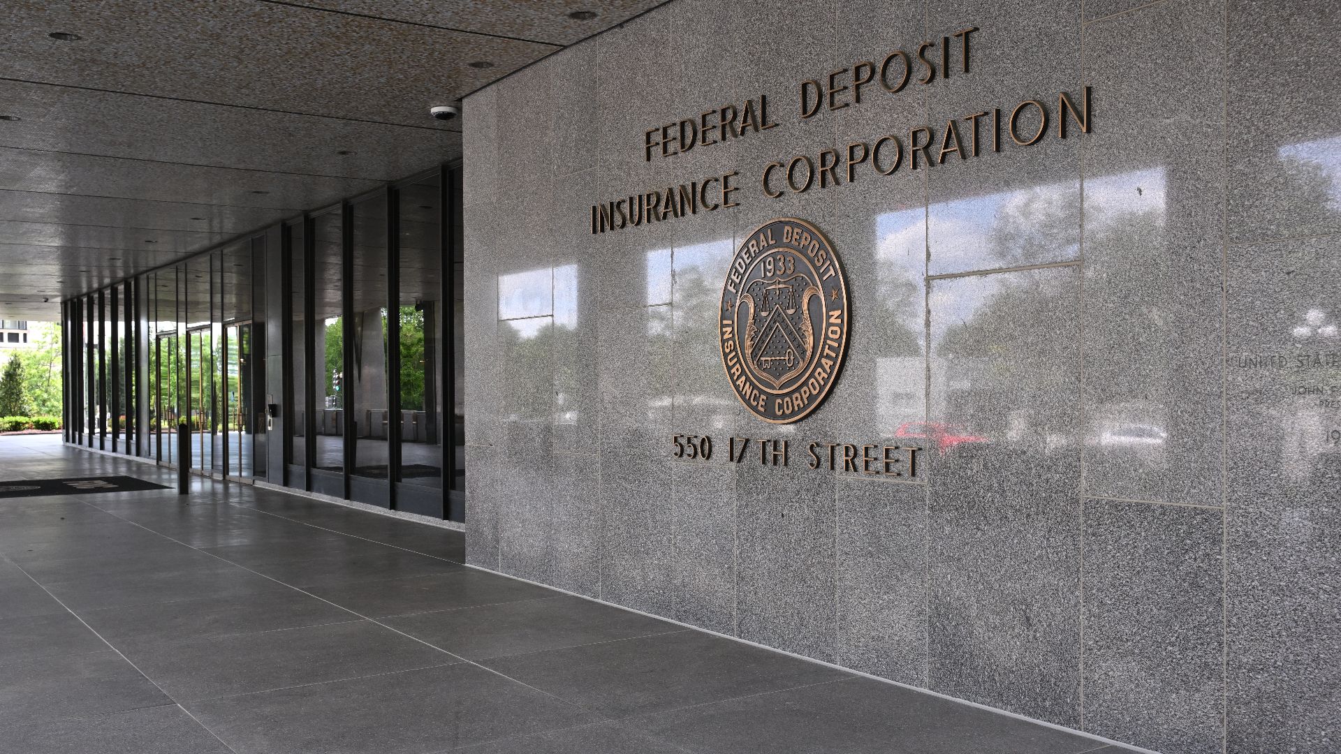 The entrance to the Federal Deposit Insurance Corporation building. 550 17th Street NW, Washington, DC 20429.