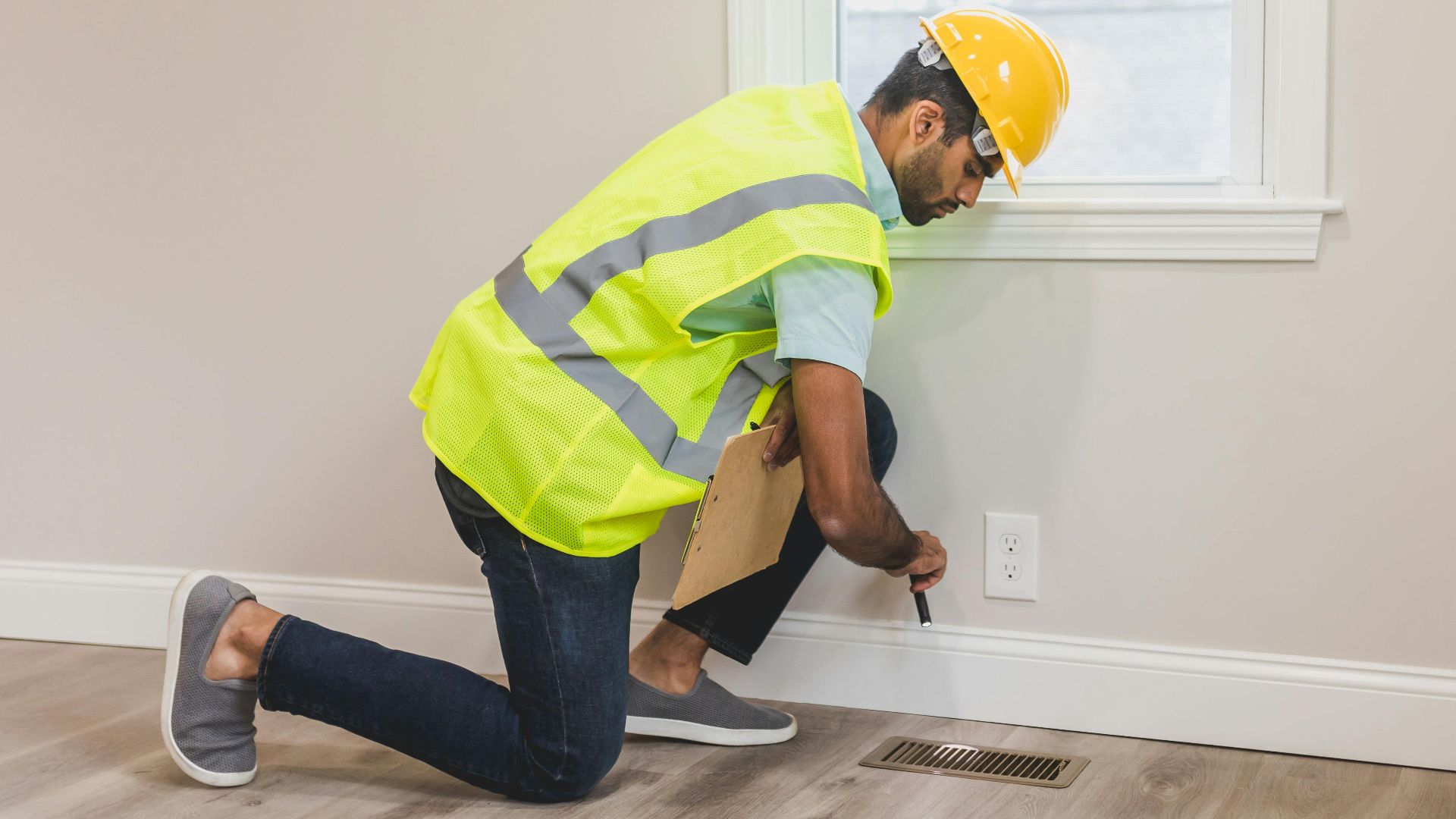 Construction worker conducting a home inspection indoors, using tools near a vent.