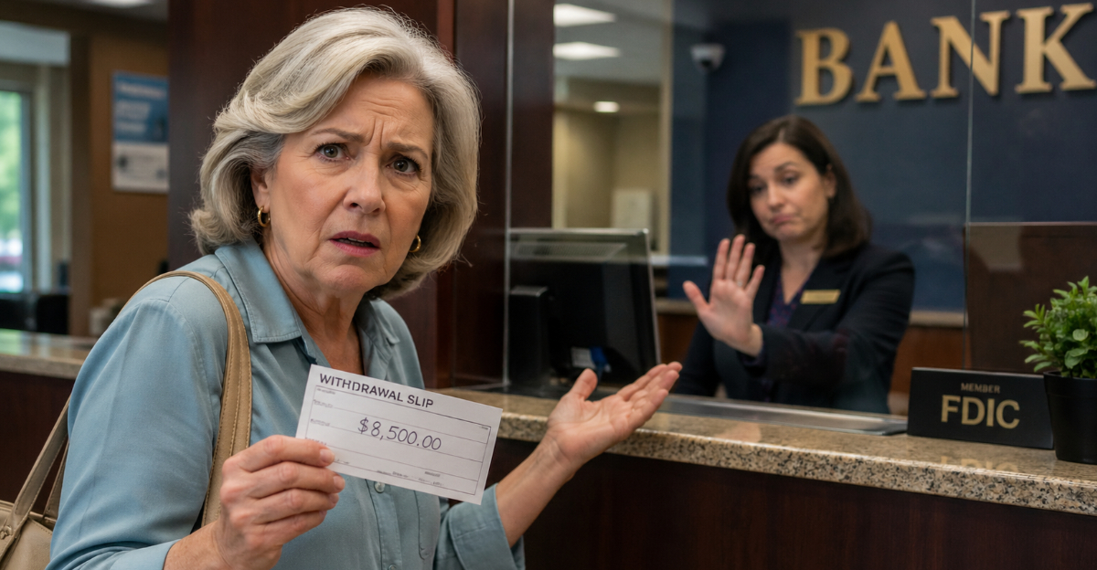 Older woman try to withdraw money at bank