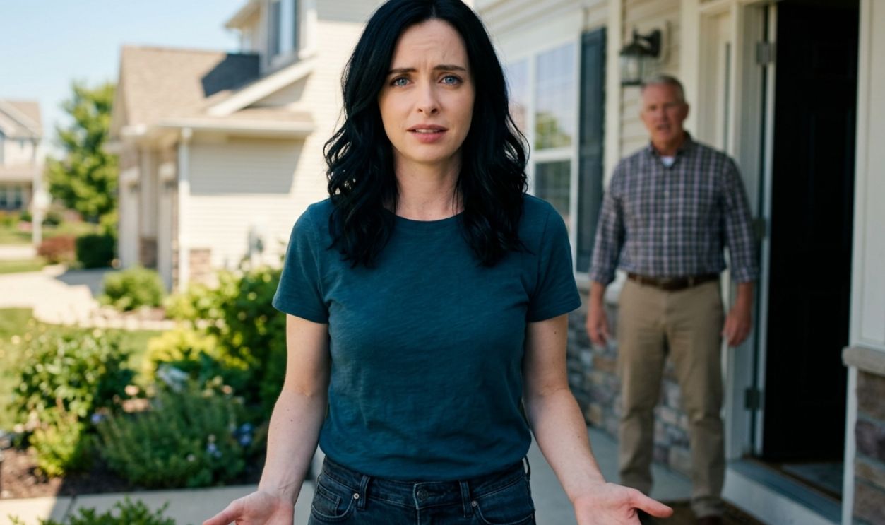 concerned woman standing on the porch with landlord yelling behind
