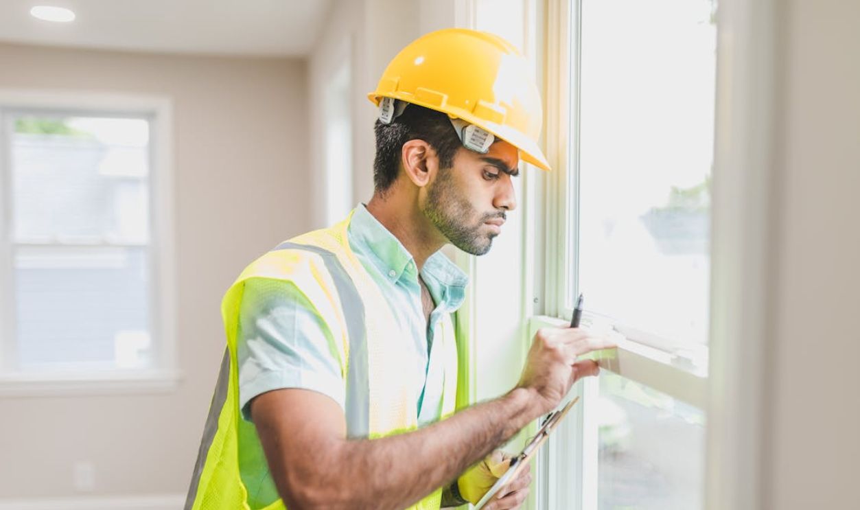 Construction Worker in Yellow Safety Vest and Helmet Checking Glass Window of a House