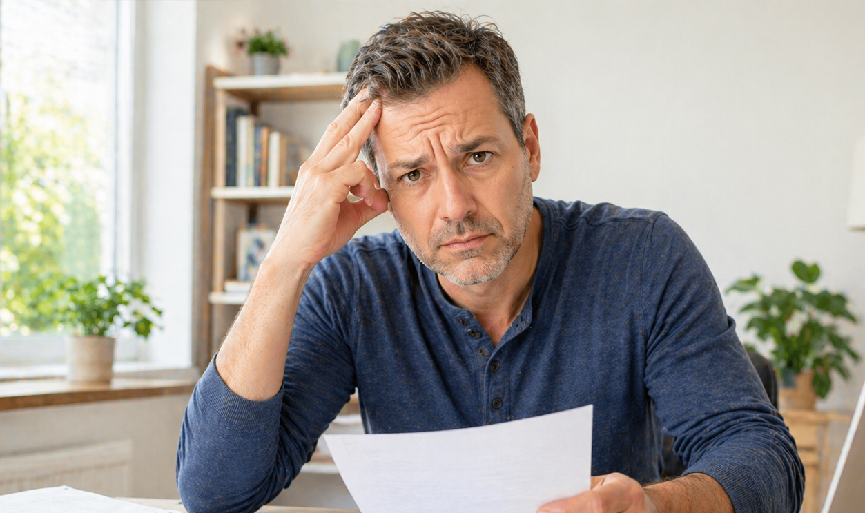 AI-generated image of man worried about business identity theft and his taxes.