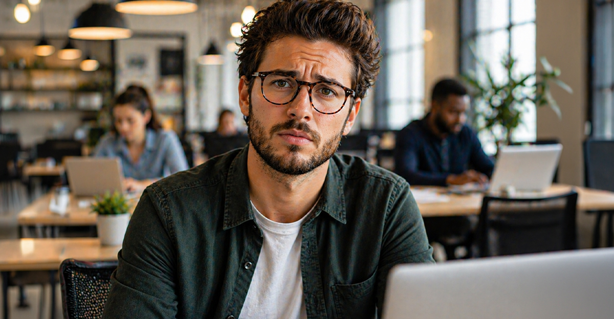 A young man with glasses sitting at an office desk.