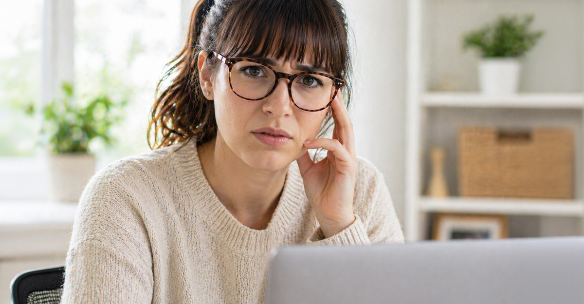 Woman wearing glasses looking concerned.