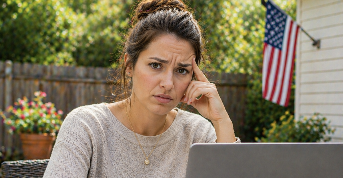 Concerned brunette woman working in a backyard.