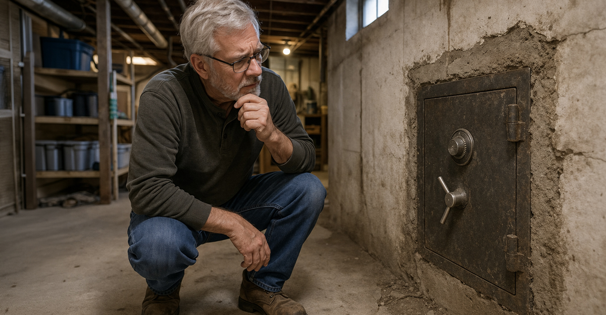 Man looking at a safe cemented into basement wall.