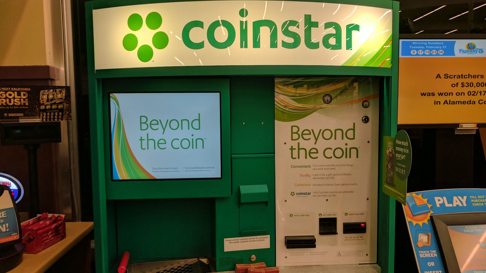 a coin-sorting machine exchanging loose change for scrips or gift vouchers, in the United States of America. See also a video of the machine in action.