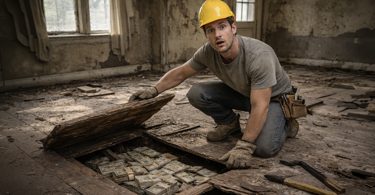 Man in an abandoned house with found cash.
