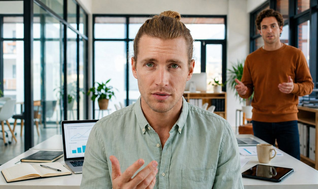 man in disbelief listening to coworker in office setting
