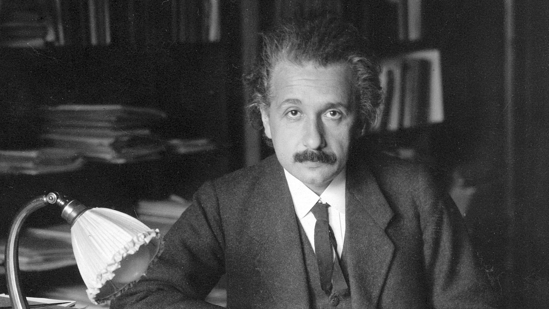 Photograph of Albert Einstein in his office at the University of Berlin, published in the USA in 1920.