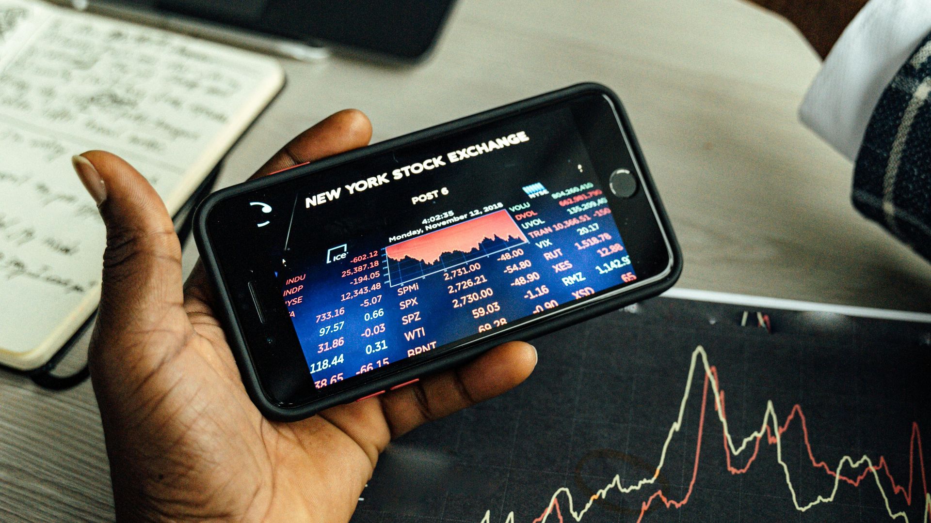 Close-up of hands holding a smartphone with stock market data, charts on paper and laptop in view.