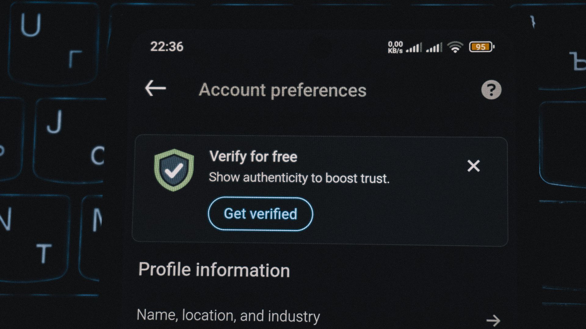 Account preferences screen with verification prompt
