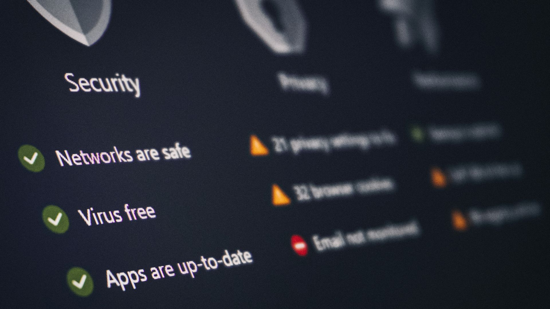A security and privacy dashboard with its status.