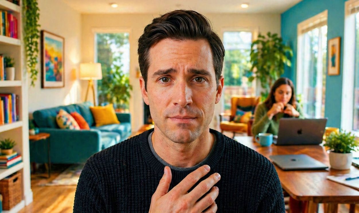 hesitant and thoughtful man in a room with his partner